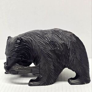 Japanese Hand Carved Wood Black Bear With Fish Ainu vintage Figurine